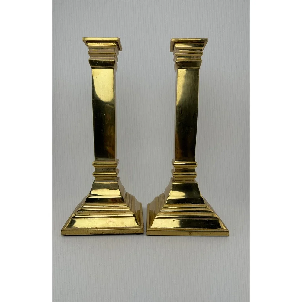 Jefferson Brass 8 Inch Heavy Polished Brass Candlesticks Pair Square Base Set 2